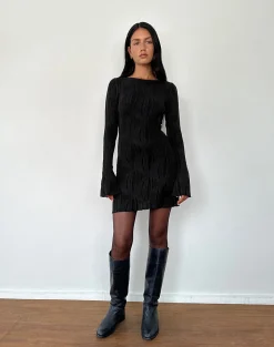 Motel Rocks Bodycon Dresses | Long Sleeve Dresses-Sevila Long Sleeve Mini Dress in Crinkle Black CrinkleBlack