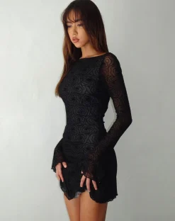 Motel Rocks Printed Dresses | Bodycon Dresses-Sevila Long Sleeve Mini Dress in Mesh Black Abstract Flower Flock meshblackabstractflowerflock