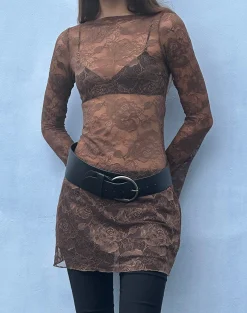 Motel Rocks Bodycon Dresses | Long Sleeve Dresses-Sevila Long Sleeve Mini Dress in Dark Brown DarkBrown