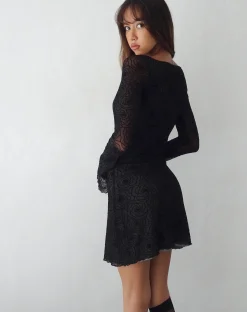 Motel Rocks Printed Dresses | Bodycon Dresses-Sevila Long Sleeve Mini Dress in Mesh Black Abstract Flower Flock meshblackabstractflowerflock