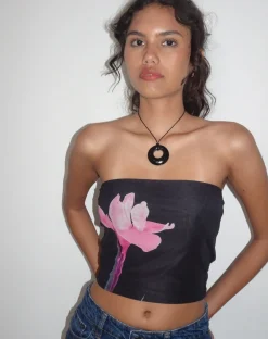 Motel Rocks Bandeau Tops-Shae Bandeau Top in Black with Pink Flower Placement BlackwithPinkFlowerPlacement