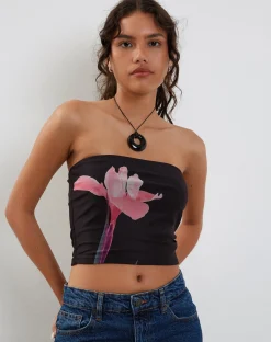 Motel Rocks Bandeau Tops-Shae Bandeau Top in Black with Pink Flower Placement BlackwithPinkFlowerPlacement