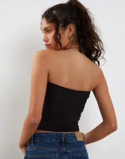 Motel Rocks Bandeau Tops-Shae Bandeau Top in Black with Pink Flower Placement BlackwithPinkFlowerPlacement