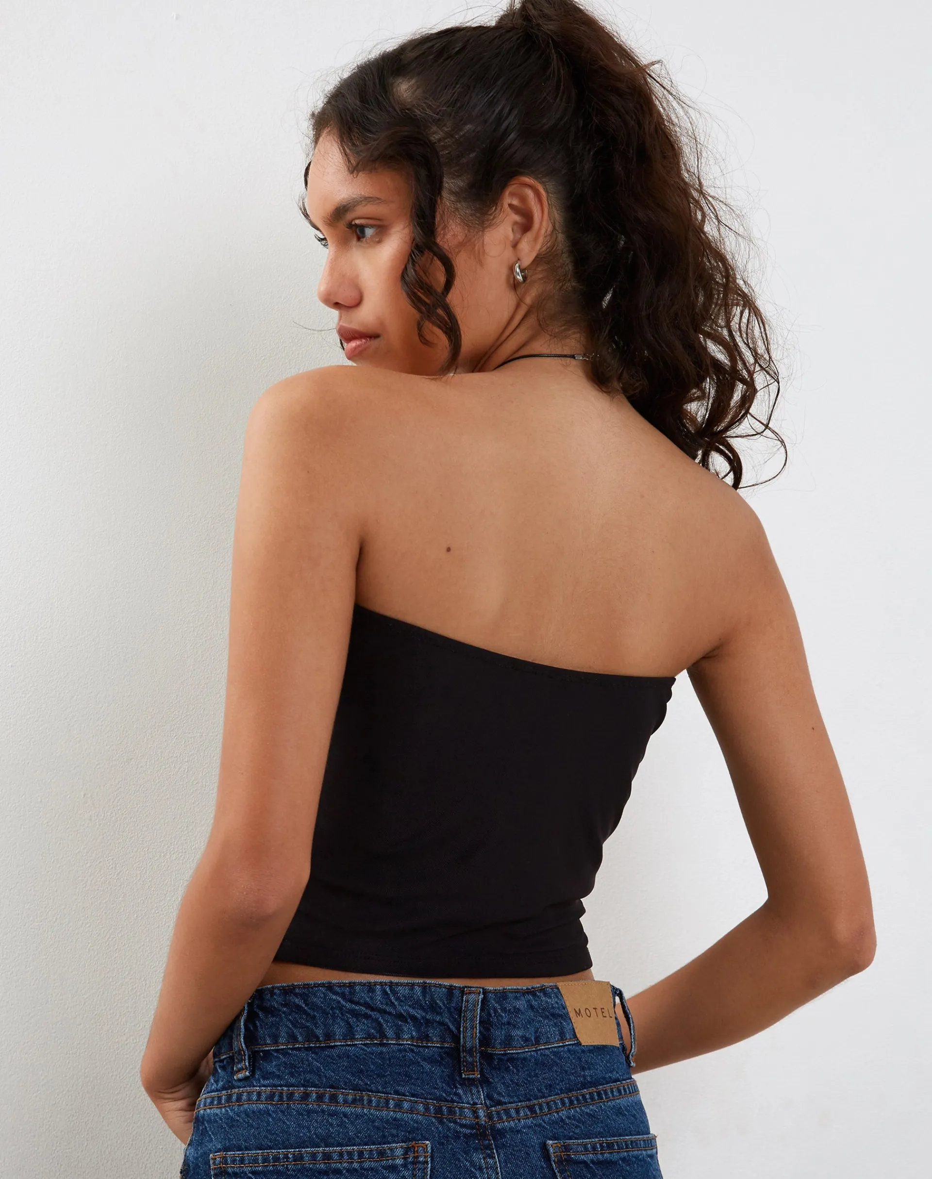 Motel Rocks Bandeau Tops-Shae Bandeau Top in Black with Pink Flower Placement BlackwithPinkFlowerPlacement