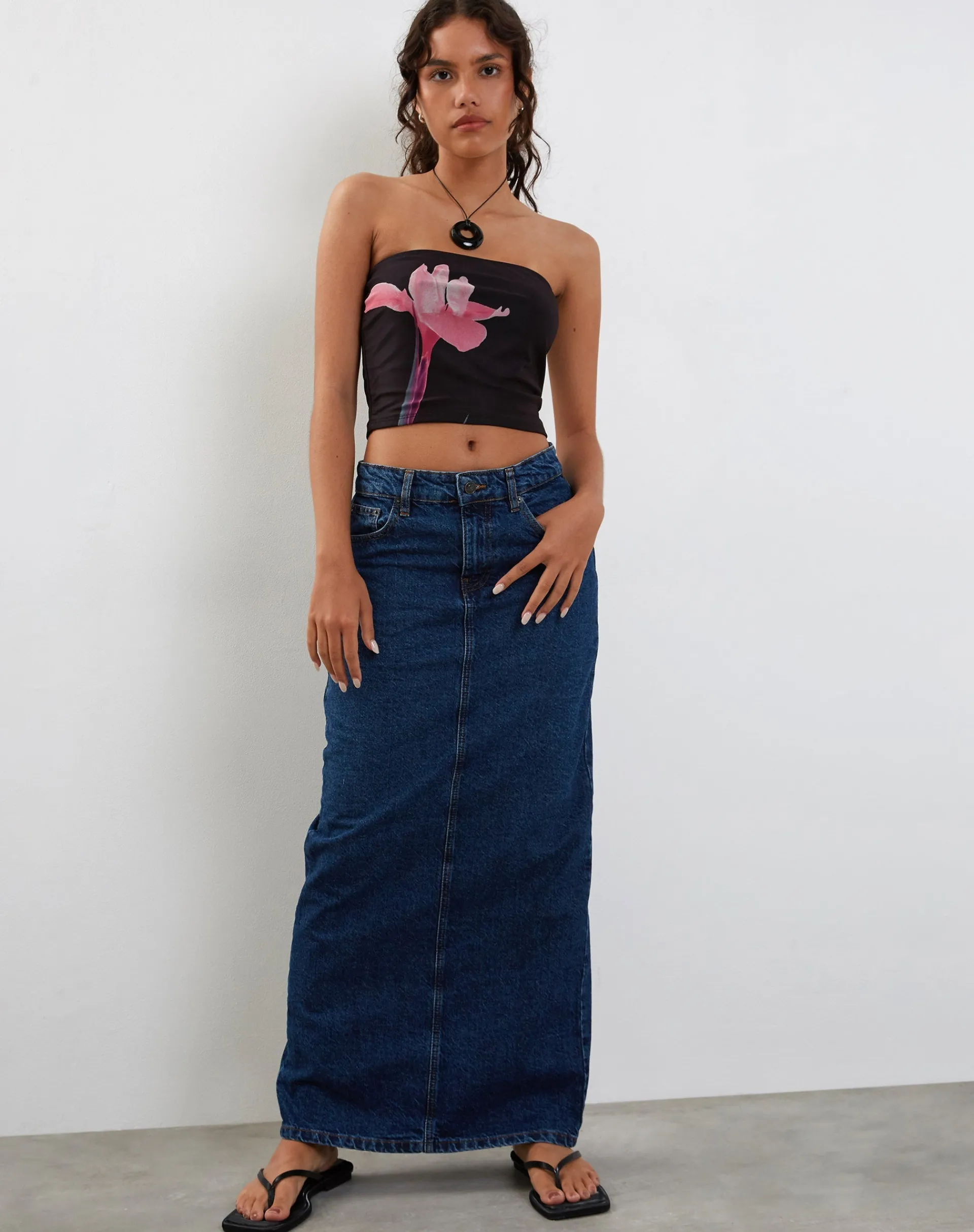Motel Rocks Bandeau Tops-Shae Bandeau Top in Black with Pink Flower Placement BlackwithPinkFlowerPlacement
