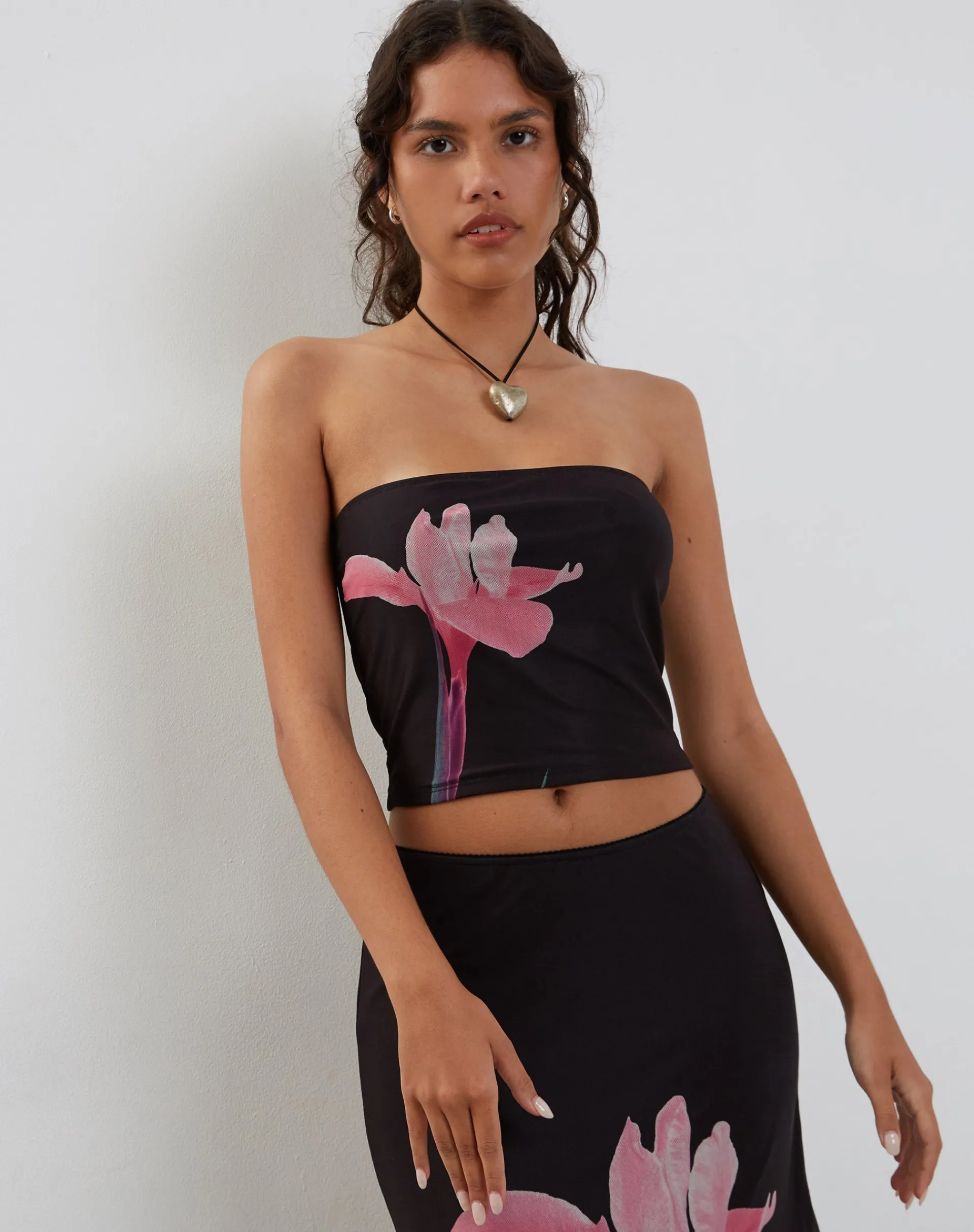 Motel Rocks Bandeau Tops-Shae Bandeau Top in Black with Pink Flower Placement BlackwithPinkFlowerPlacement