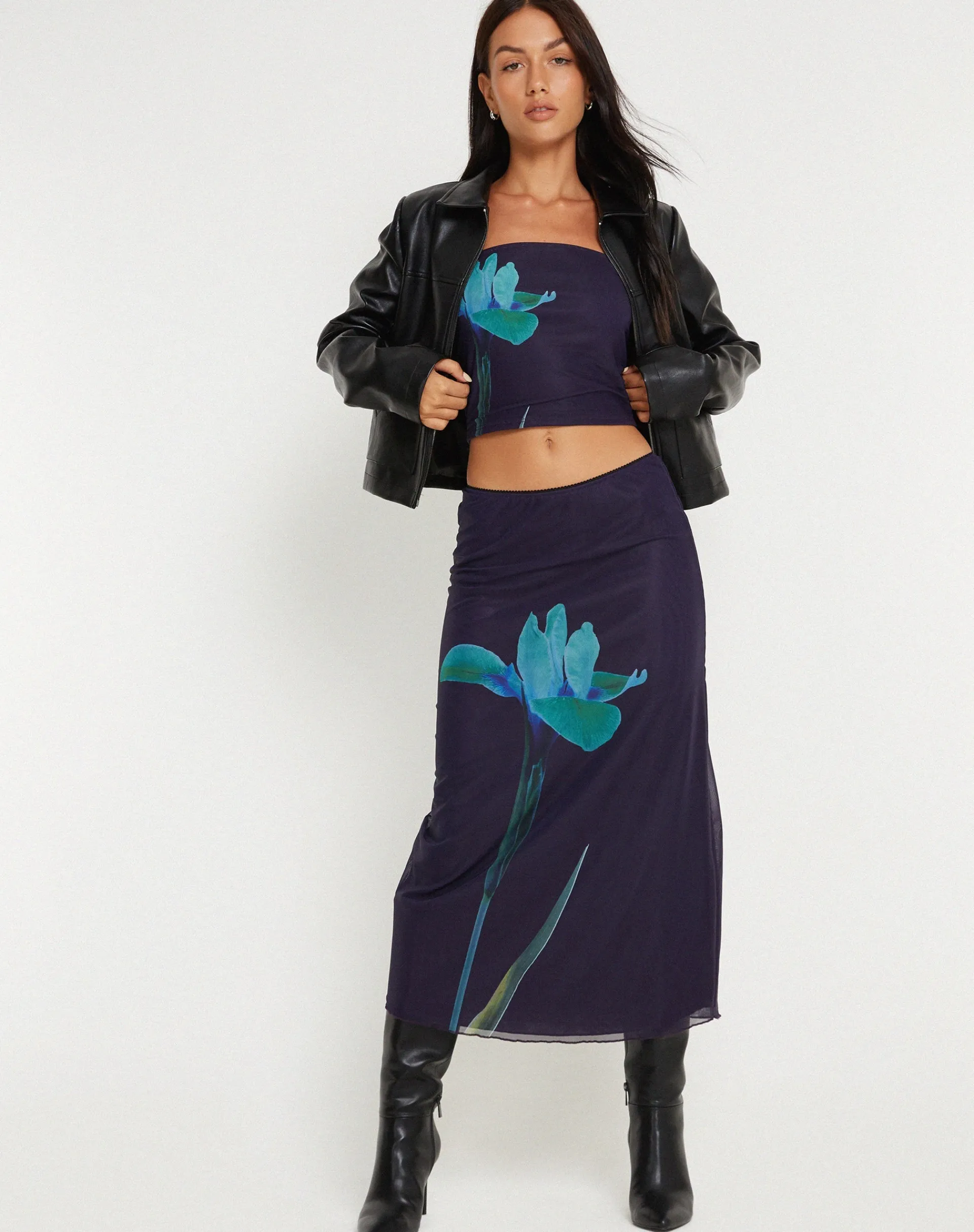 Motel Rocks Printed Tops-Shae Mesh Bandeau Top in Navy Flower NavyPlacementFlower