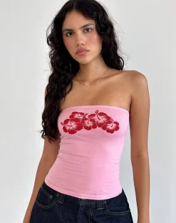 Motel Rocks Printed Tops | Bandeau Tops-Shaelo Bandeau Top in Flamingo Pink Red Hisbiscus flamingopinkredhisbiscus