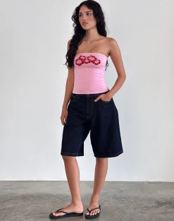 Motel Rocks Printed Tops | Bandeau Tops-Shaelo Bandeau Top in Flamingo Pink Red Hisbiscus flamingopinkredhisbiscus