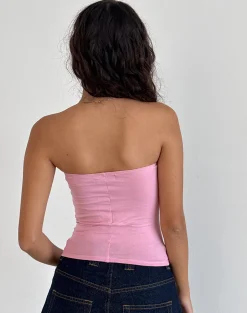 Motel Rocks Printed Tops | Bandeau Tops-Shaelo Bandeau Top in Flamingo Pink Red Hisbiscus flamingopinkredhisbiscus