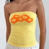 Motel Rocks Printed Tops | Bandeau Tops-Shaelo Bandeau Top in Lemonade Orange Hisbiscus lemoandeorangehibiscus