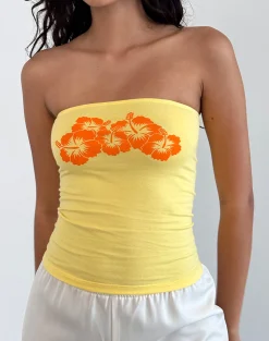 Motel Rocks Printed Tops | Bandeau Tops-Shaelo Bandeau Top in Lemonade Orange Hisbiscus lemoandeorangehibiscus