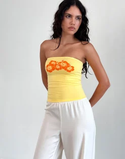 Motel Rocks Printed Tops | Bandeau Tops-Shaelo Bandeau Top in Lemonade Orange Hisbiscus lemoandeorangehibiscus