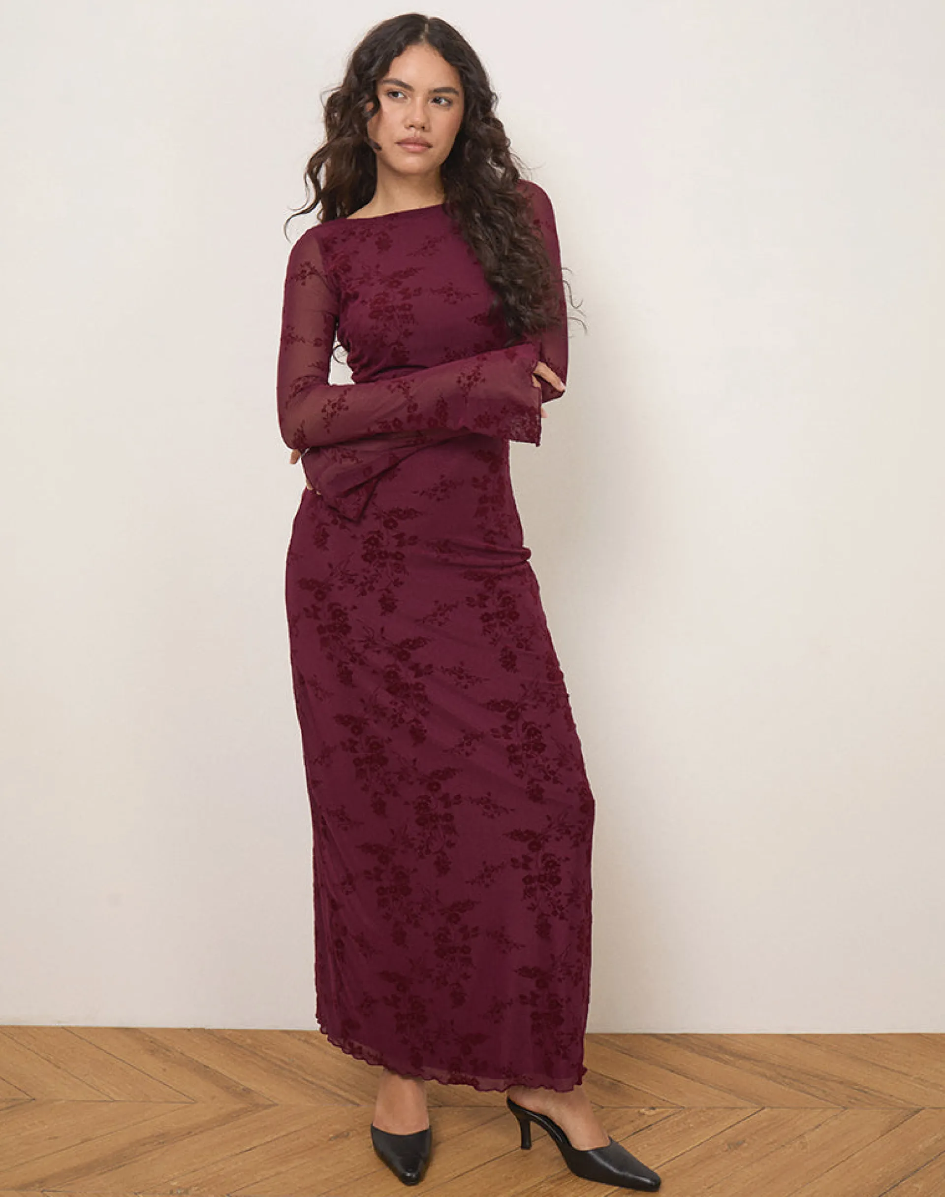 Motel Rocks Bodycon Dresses | Long Sleeve Dresses-Shaleed Dress in Botanical Flower Maroon