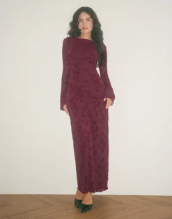 Motel Rocks Bodycon Dresses | Long Sleeve Dresses-Shaleed Dress in Botanical Flower Maroon