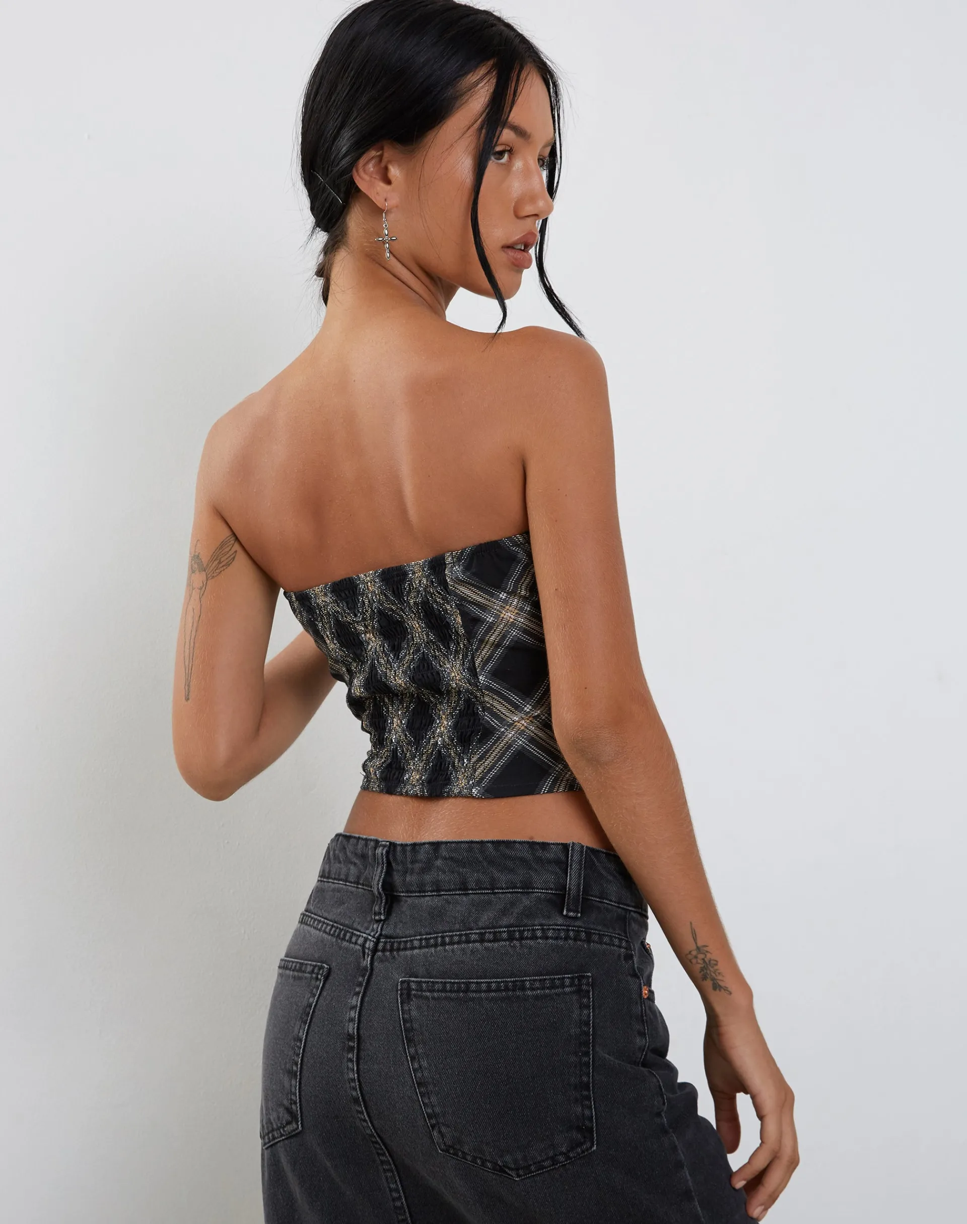 Motel Rocks Bandeau Tops-Shaloe Bandeau Top and Scarf Set in Black and Grey Check blackandgreycheck