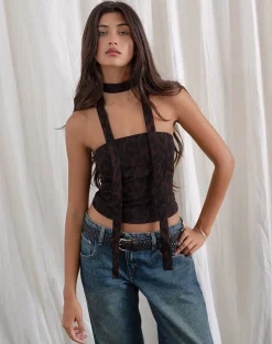 Motel Rocks Printed Tops | Bandeau Tops-Shaloe Bandeau Top and Scarf in Brown Oversized Jaguar BrownOversizedJaguar
