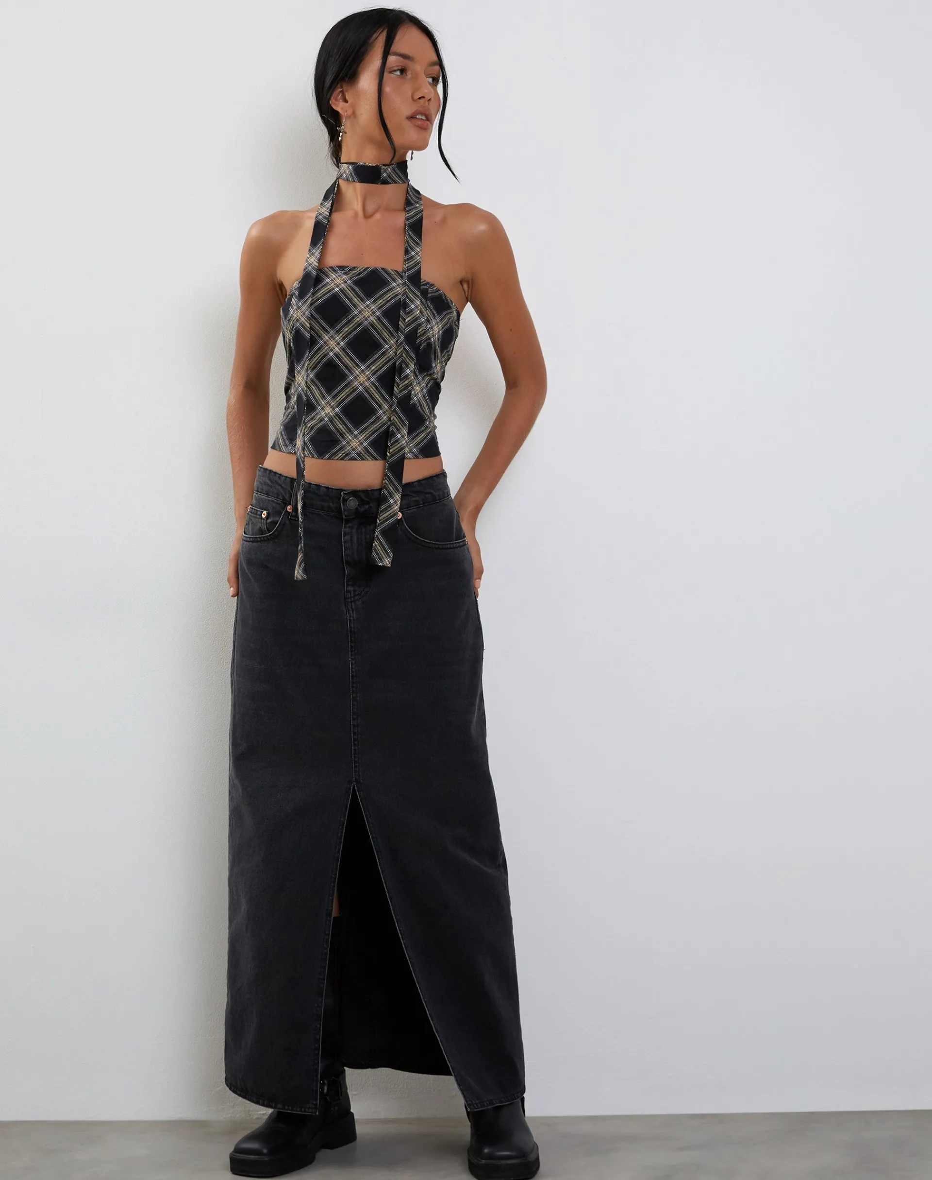 Motel Rocks Bandeau Tops-Shaloe Bandeau Top and Scarf Set in Black and Grey Check blackandgreycheck