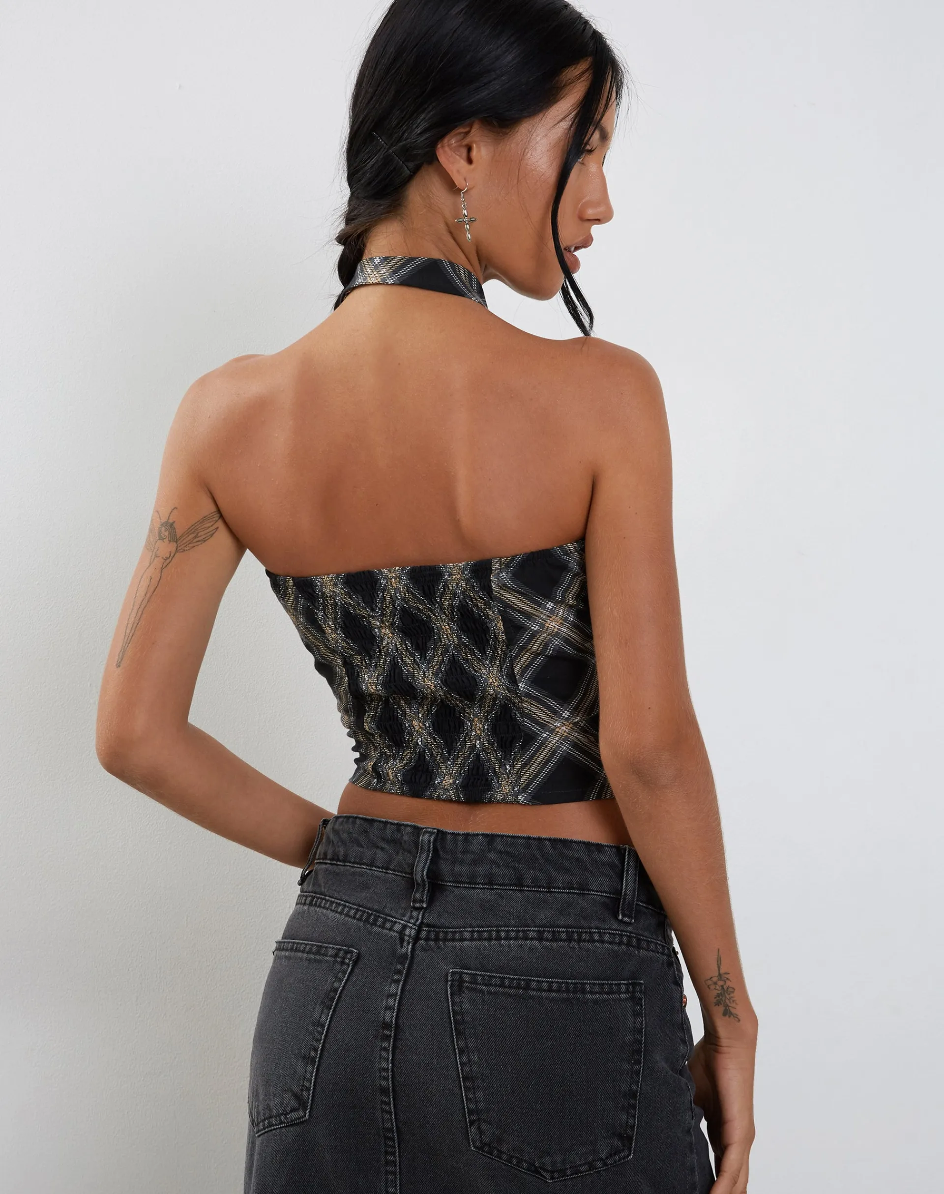 Motel Rocks Bandeau Tops-Shaloe Bandeau Top and Scarf Set in Black and Grey Check blackandgreycheck