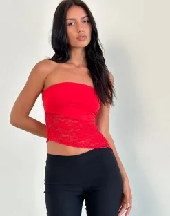 Motel Rocks Bandeau Tops | Lace Tops-Shanda Lace Tube Top in Red