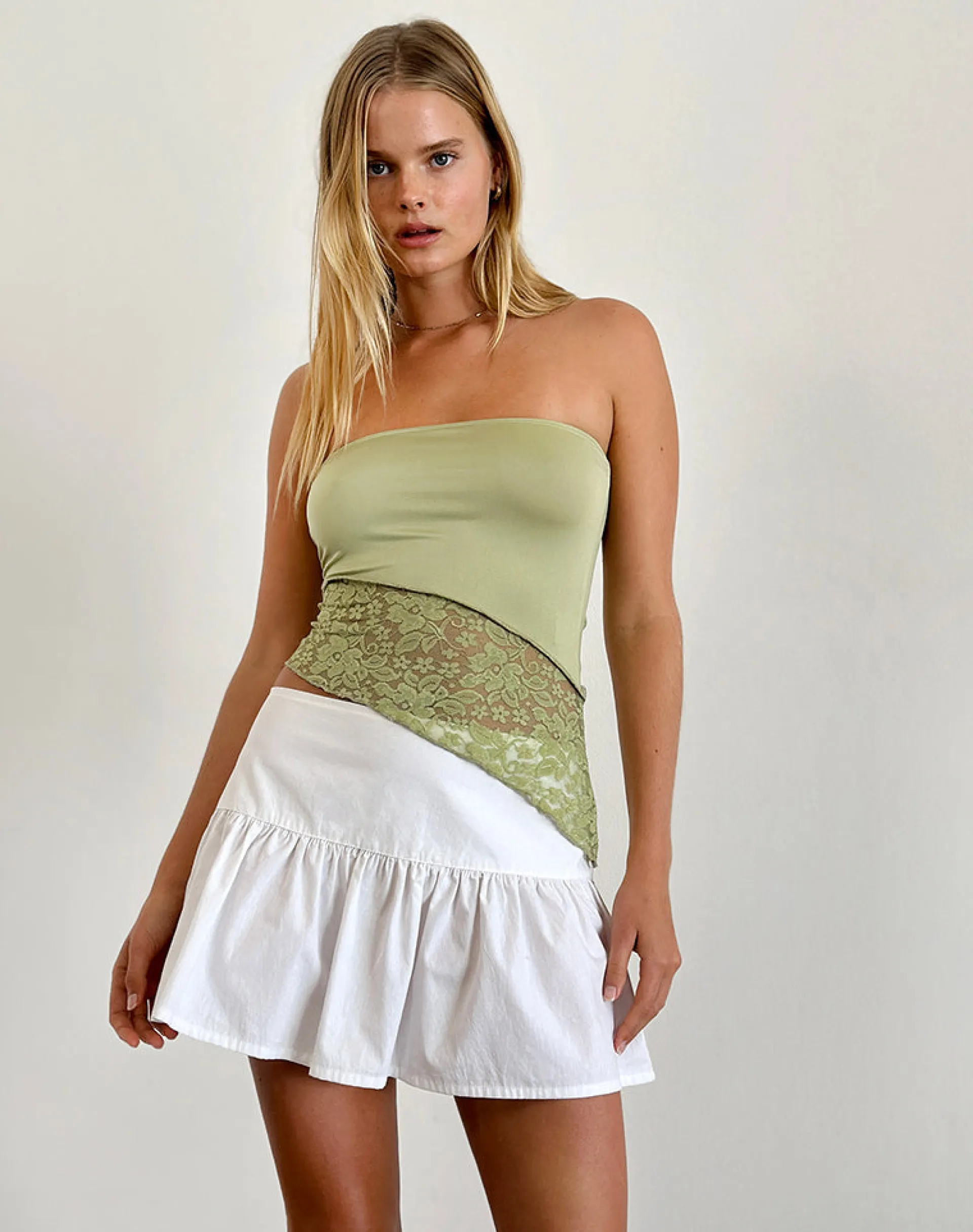 Motel Rocks Bandeau Tops | Lace Tops-Shanda Lace Tube Top in Sage