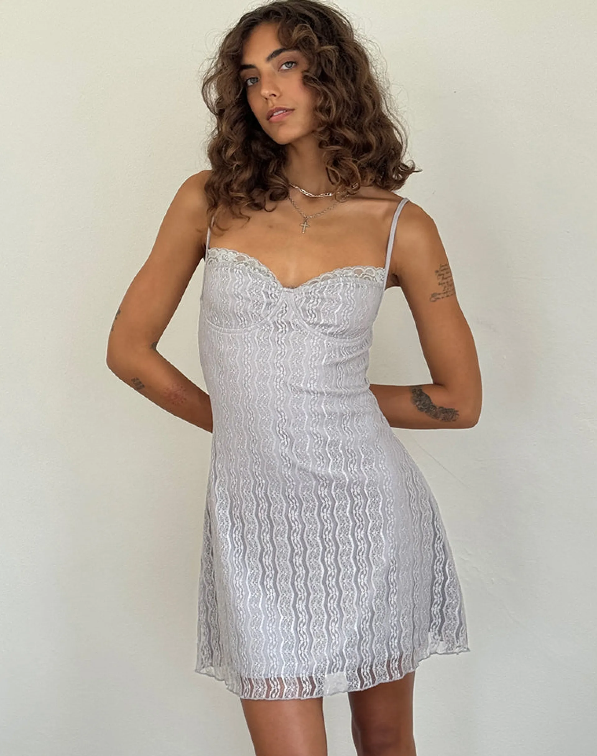 Motel Rocks Bodycon Dresses | Party Dresses-Shania Mini Dress in Silver Grey Lace Mesh