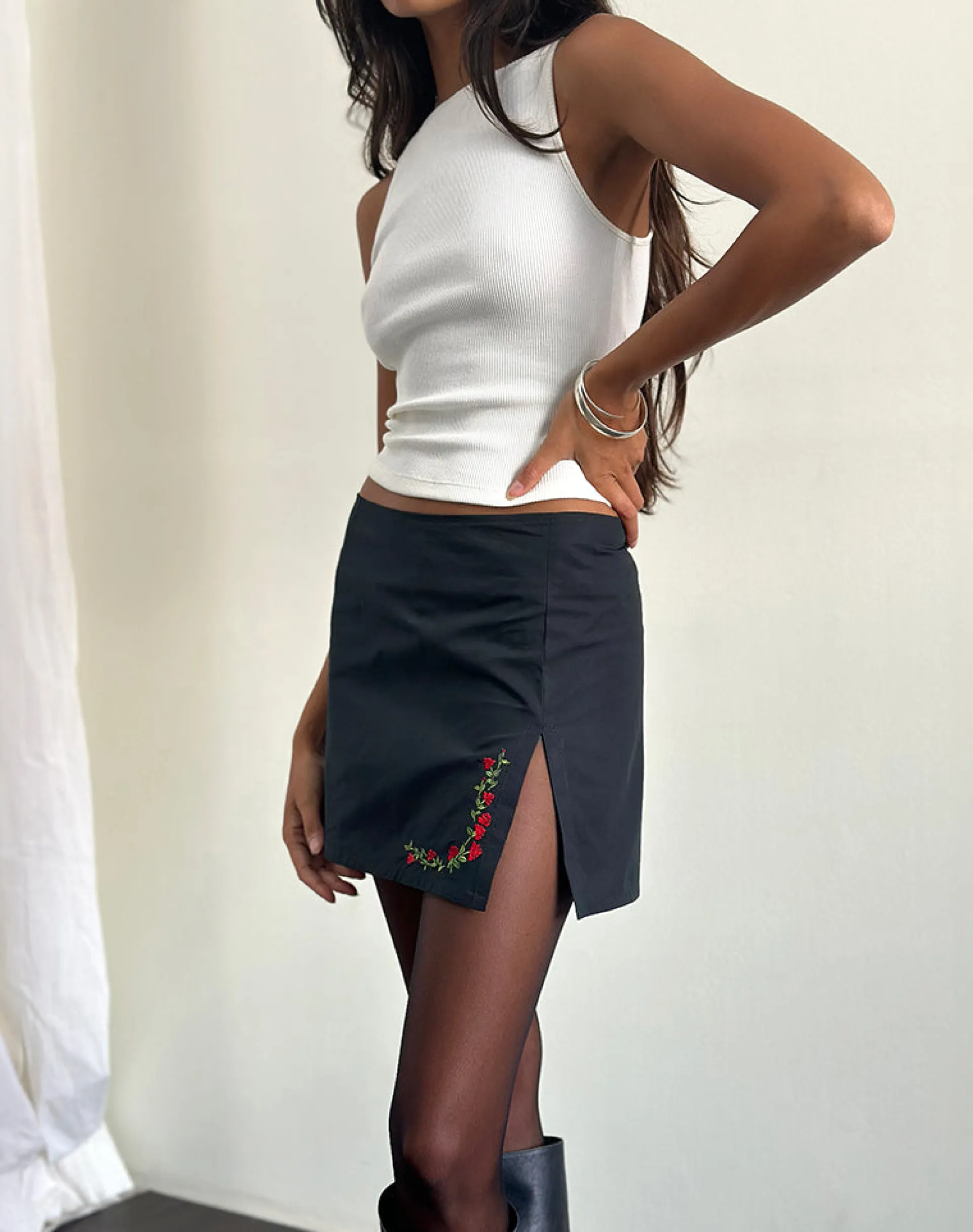 Motel Rocks Tailoring | A Line Skirts-Sheny Mini Skirt in Tapshoe with Red Flower Embroidery TapshoewithRedFlowerEmbroidery