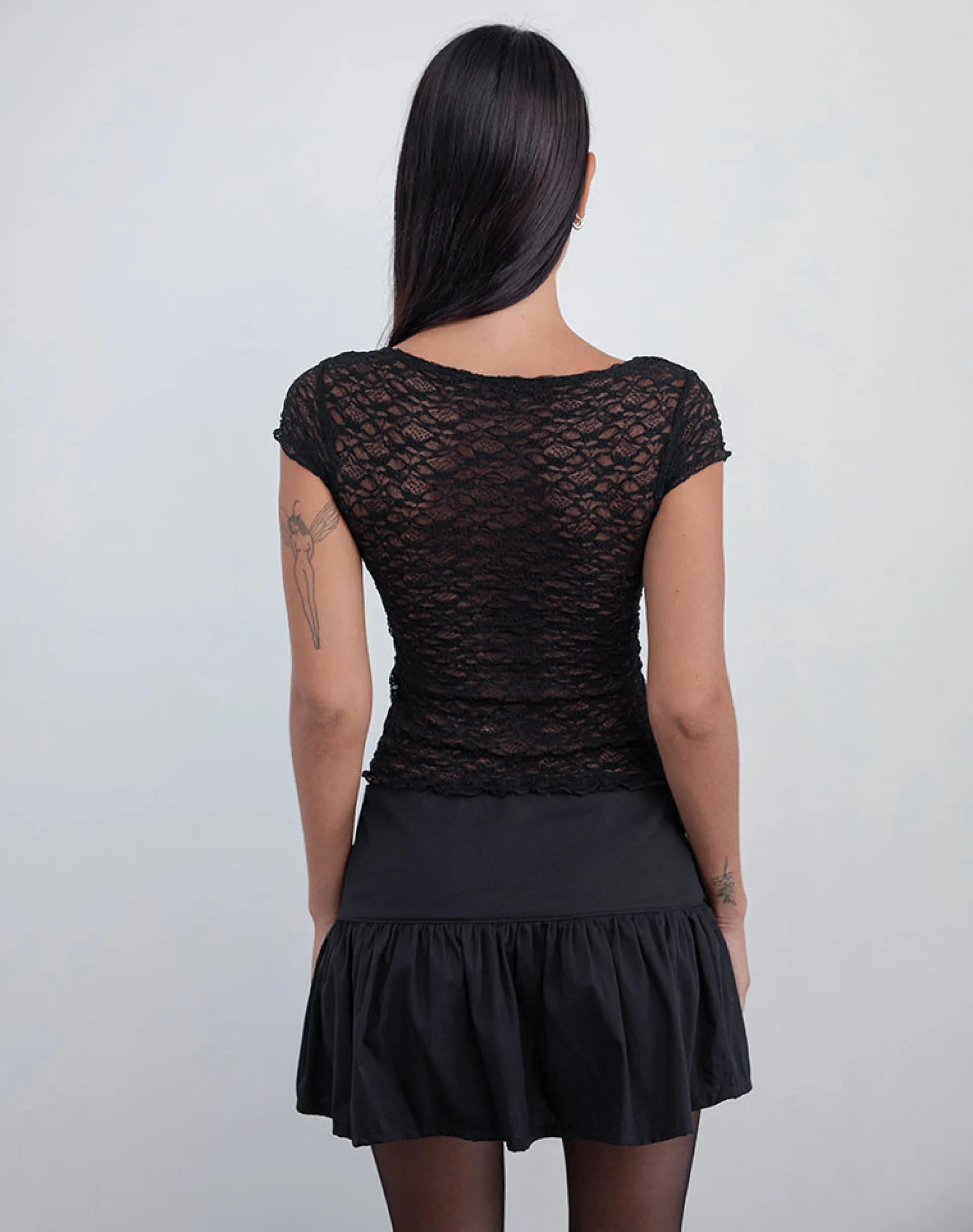 Motel Rocks Lace Tops | Going Out Tops-Sherine Lace Top in Black with Pink Ribbon BlackwithPinkRibbon