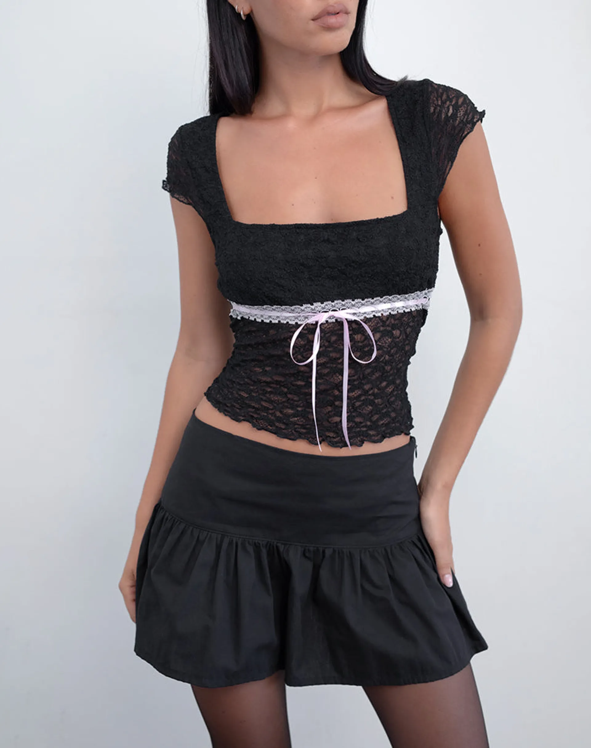 Motel Rocks Lace Tops | Going Out Tops-Sherine Lace Top in Black with Pink Ribbon BlackwithPinkRibbon