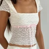 Motel Rocks Tees | Lace Tops-Sherine Lace Top in Cream with Pink Binding CreamwithPinkBinding