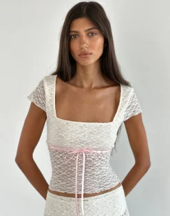 Motel Rocks Tees | Lace Tops-Sherine Lace Top in Cream with Pink Binding CreamwithPinkBinding