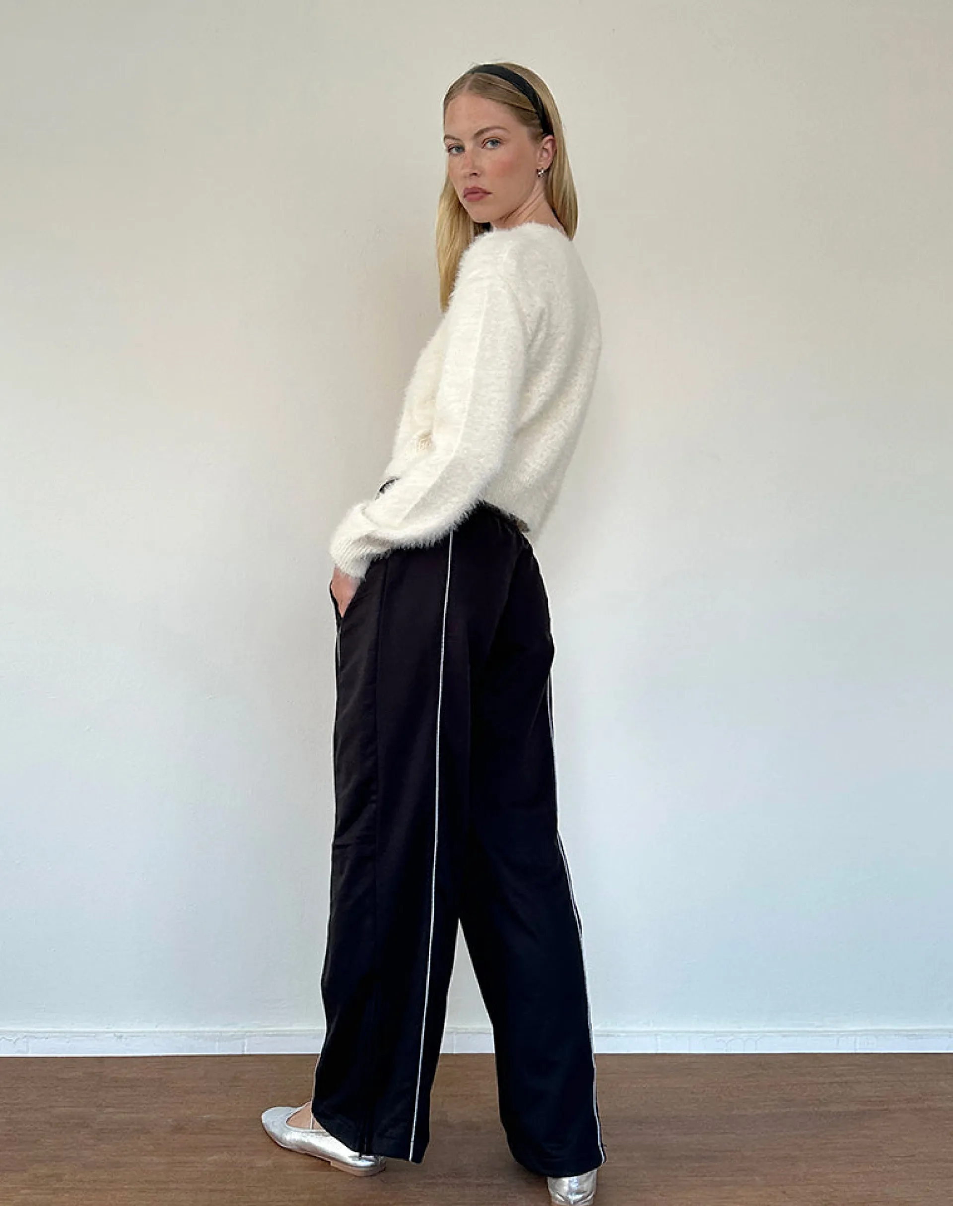 Motel Rocks Basics-Shobi Wide Leg Jogger in Black with Grey Piping BlackwithGreyPiping