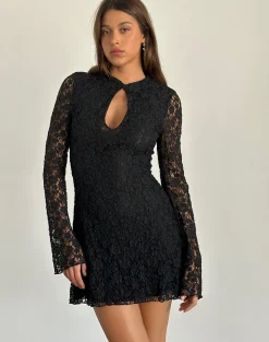 Motel Rocks Long Sleeve Dresses | Little Black Dresses-Silvanna Keyhole Mini Dress in Lace Black LaceBlack