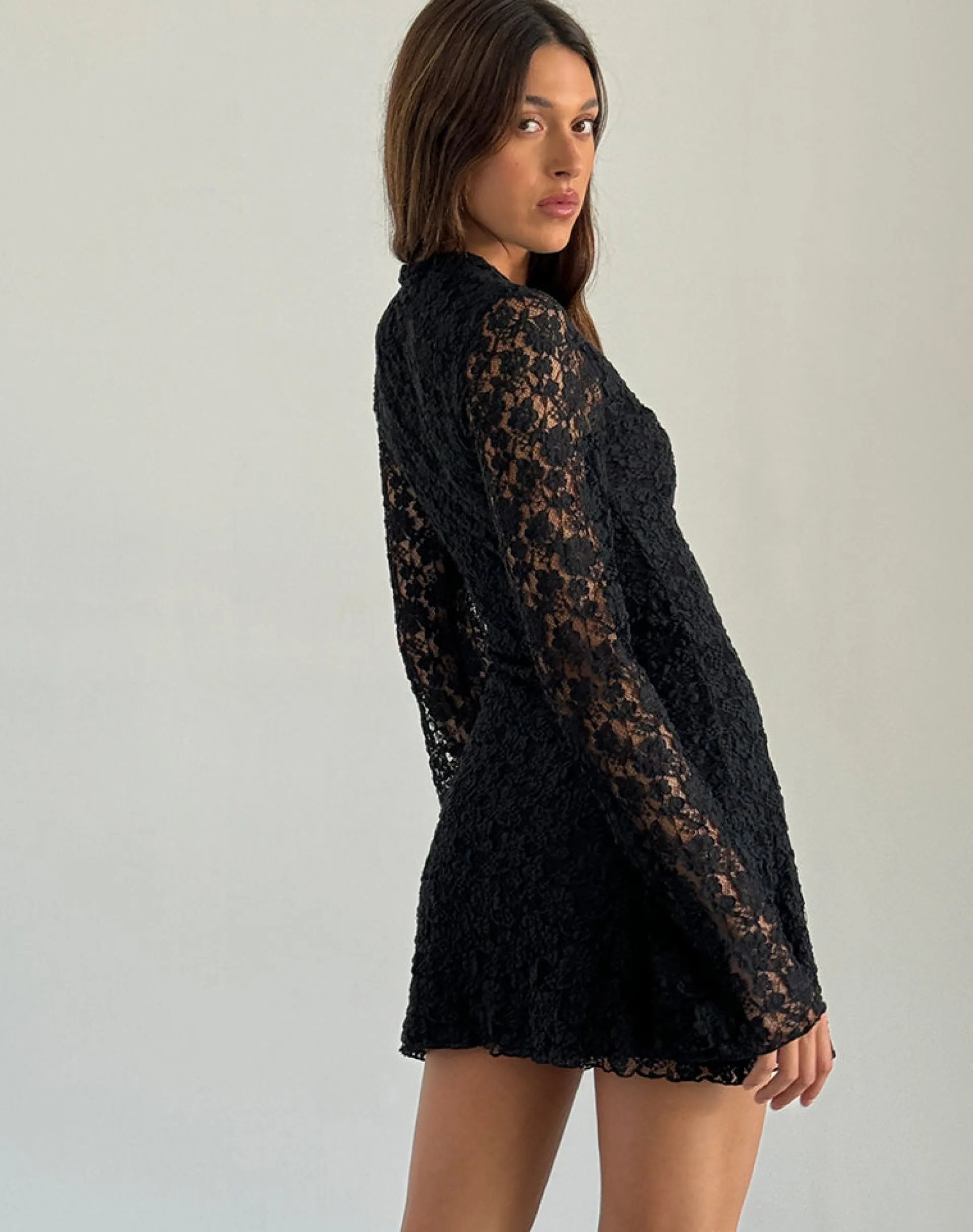 Motel Rocks Long Sleeve Dresses | Little Black Dresses-Silvanna Keyhole Mini Dress in Lace Black LaceBlack