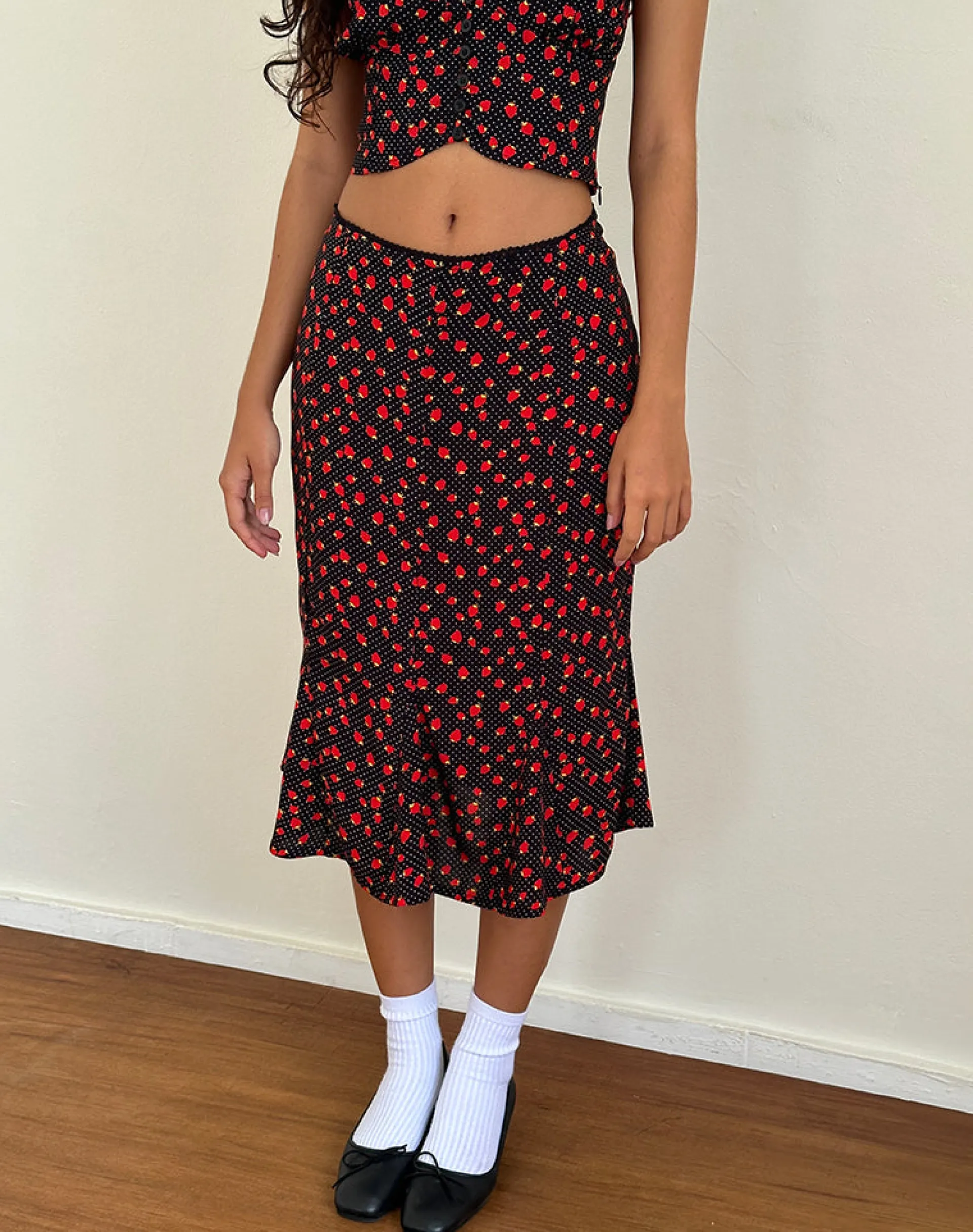 Motel Rocks Co-Ords | Printed Skirts-Sima Midi Skirt in Strawberry Polka Black StrawberryPolkaBlack