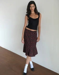 Motel Rocks Co-Ords | Printed Skirts-Sima Midi Skirt in Strawberry Polka Black StrawberryPolkaBlack