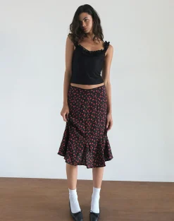 Motel Rocks Co-Ords | Printed Skirts-Sima Midi Skirt in Strawberry Polka Black StrawberryPolkaBlack