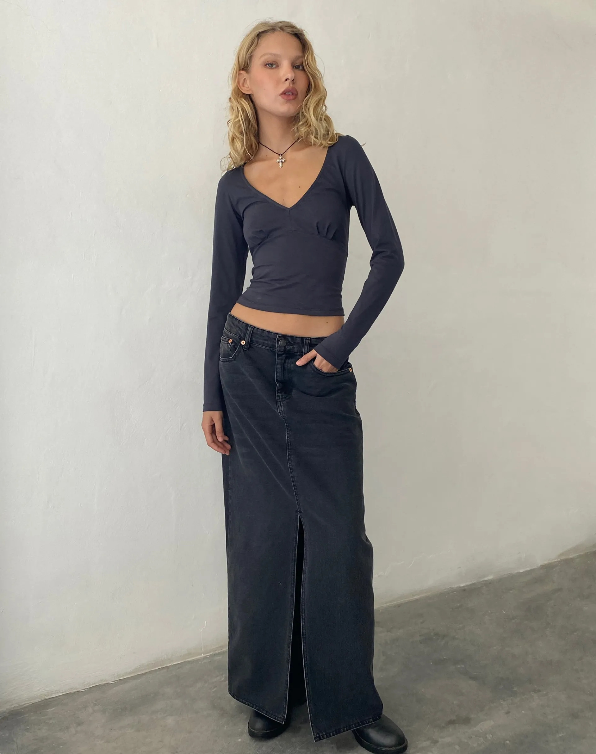Motel Rocks Basics | Basic Tops-Sisil Long Sleeve Top in Ocean Storm OceanStorm