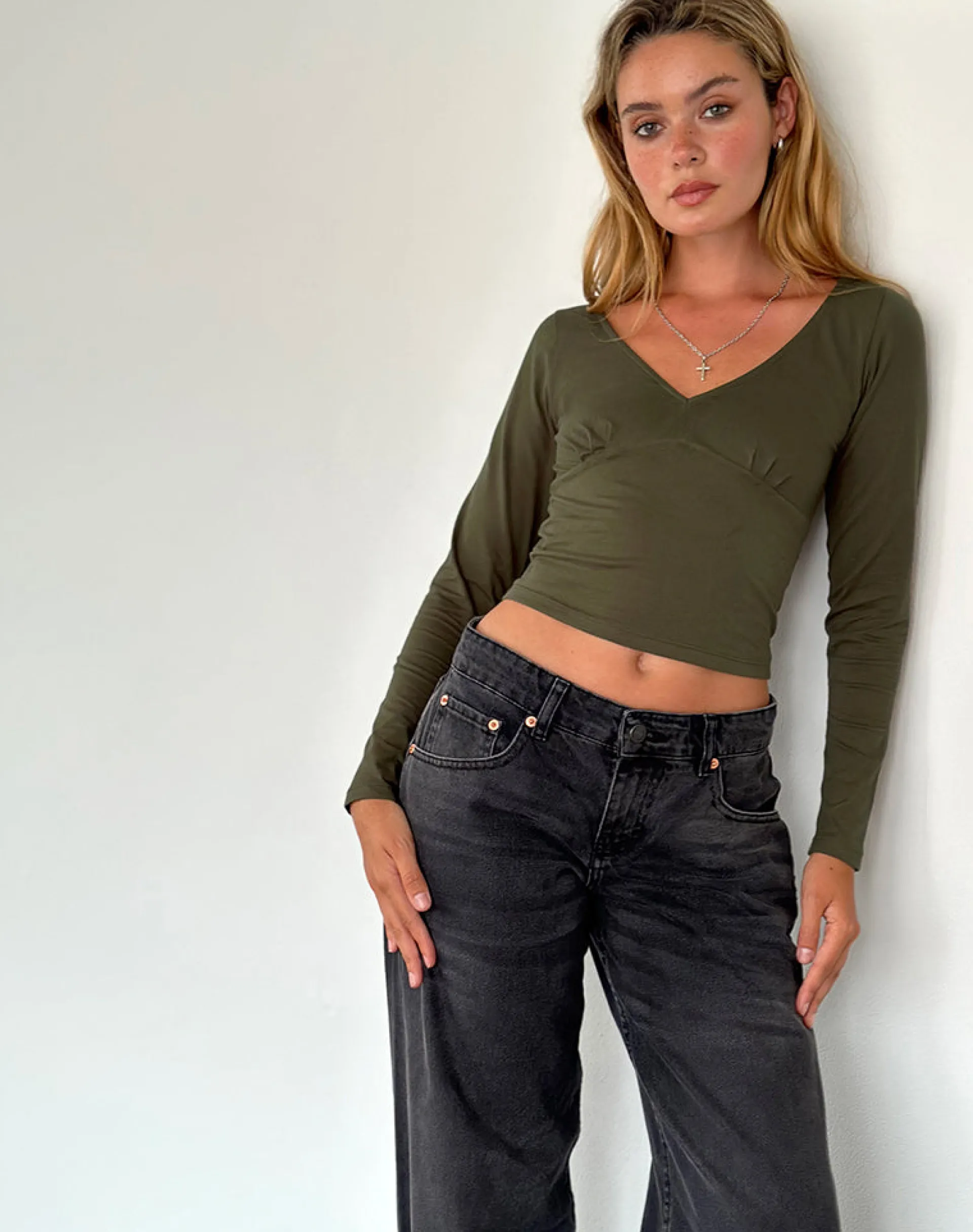 Motel Rocks Basics | Basic Tops-Sisil Long Sleeve Top in Olive