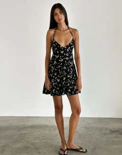 Motel Rocks Printed Dresses | Day Dresses-Siskana Mini Dress in Lemon and Lime Black LemonandLimeBlack