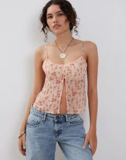 Motel Rocks Strappy Tops-Slavina Cami Butterfly Top in Peach Cherry Blossom