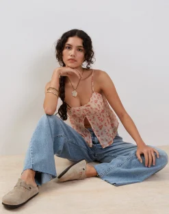 Motel Rocks Strappy Tops-Slavina Cami Butterfly Top in Peach Cherry Blossom