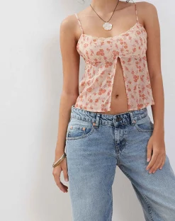 Motel Rocks Strappy Tops-Slavina Cami Butterfly Top in Peach Cherry Blossom