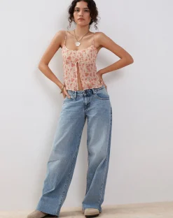 Motel Rocks Strappy Tops-Slavina Cami Butterfly Top in Peach Cherry Blossom