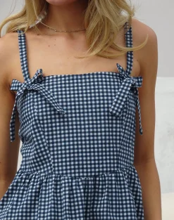 Motel Rocks Printed Dresses | Midi Dresses-Sloane Midi Dress in Mini Dark Blue Gingham