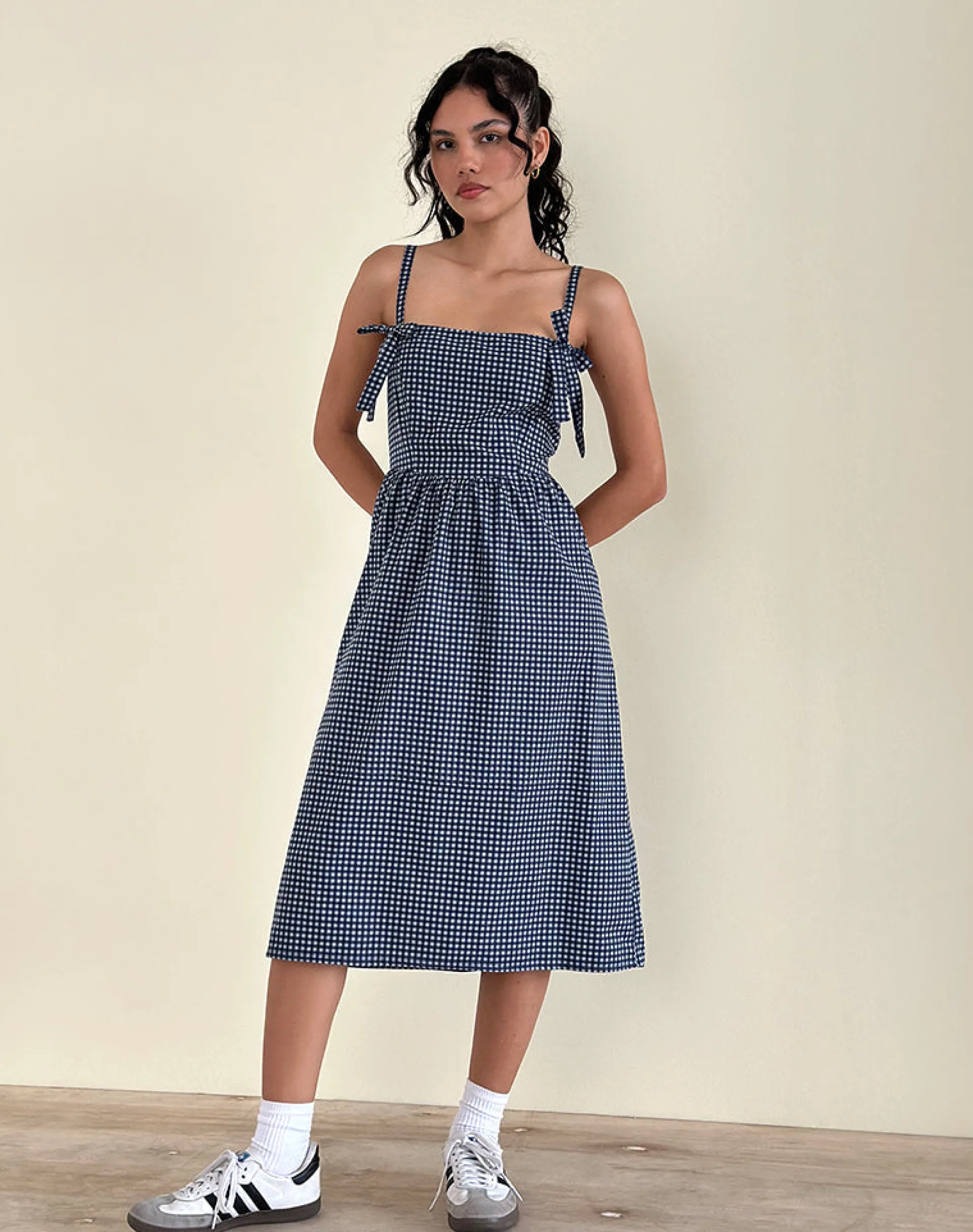 Motel Rocks Printed Dresses | Midi Dresses-Sloane Midi Dress in Mini Dark Blue Gingham