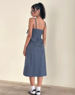 Motel Rocks Printed Dresses | Midi Dresses-Sloane Midi Dress in Mini Dark Blue Gingham