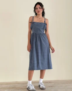 Motel Rocks Printed Dresses | Midi Dresses-Sloane Midi Dress in Mini Dark Blue Gingham