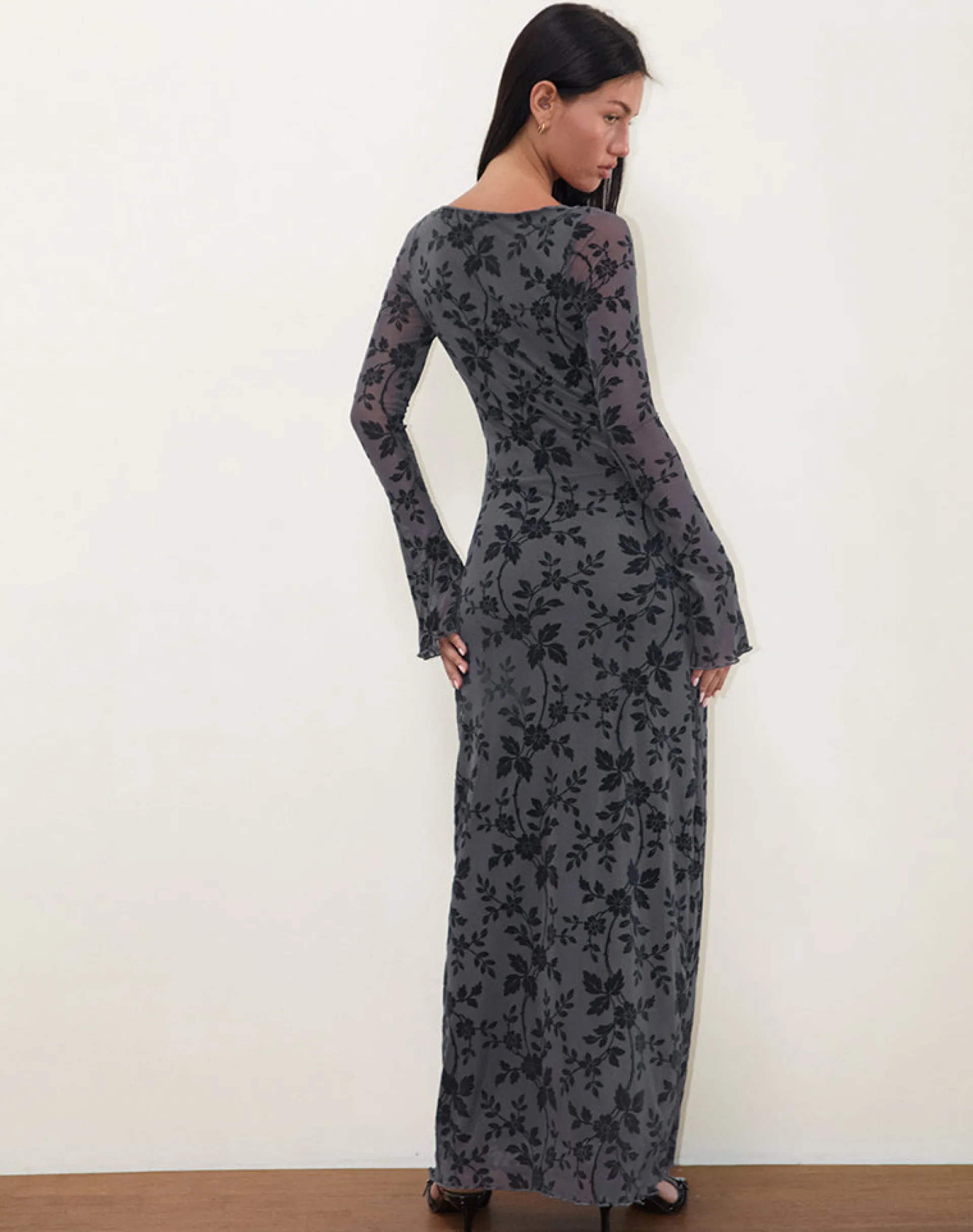 Motel Rocks Printed Dresses | Long Sleeve Dresses-Slokya Long Sleeve Maxi Dress in Vine Floral Flock Ocean Storm VineFloralFlockOceanStorm
