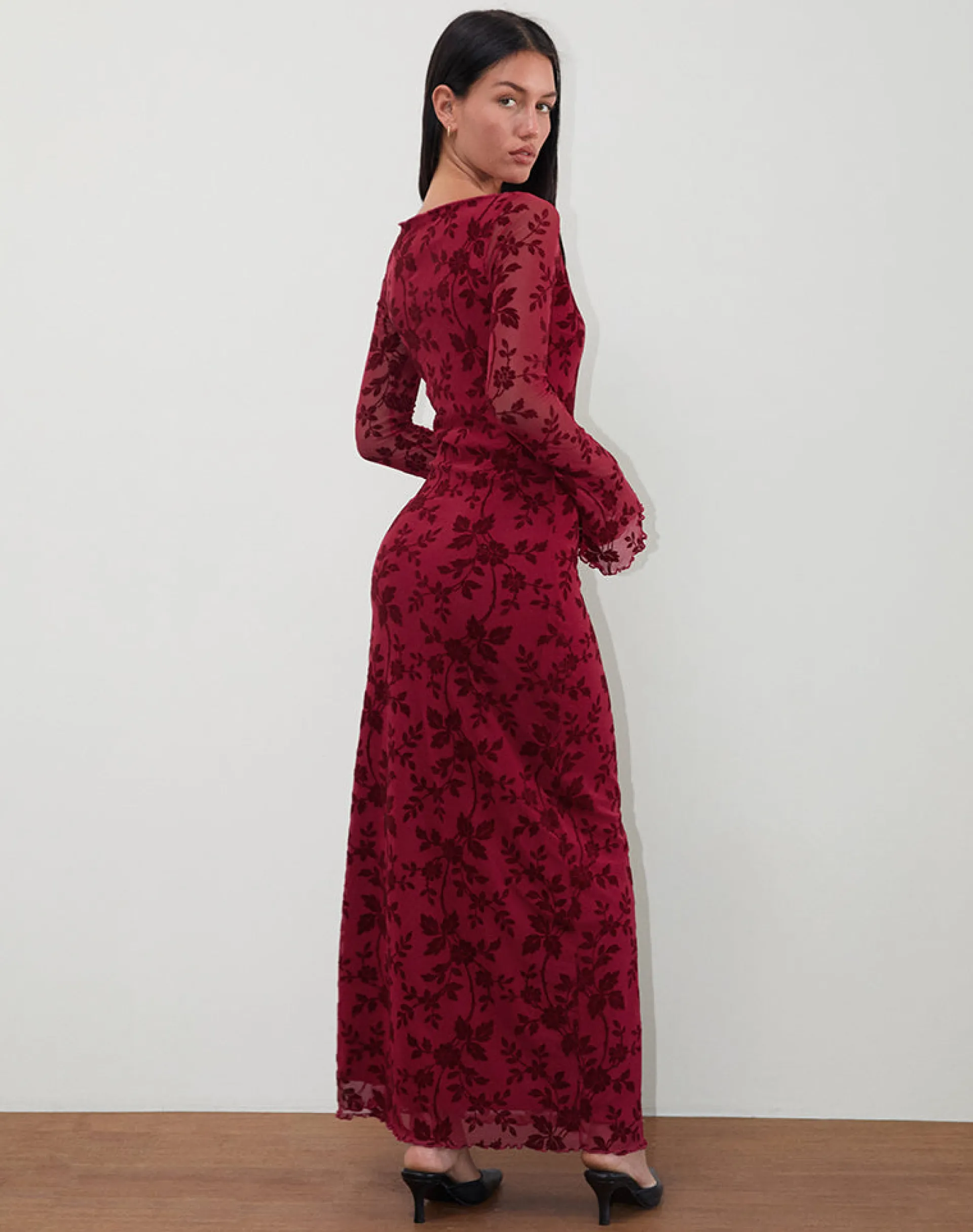 Motel Rocks Printed Dresses | Maxi Dresses-Slokya Long Sleeve Maxi Dress in Vine Floral Flock Cherry VineFloralFlockCherry